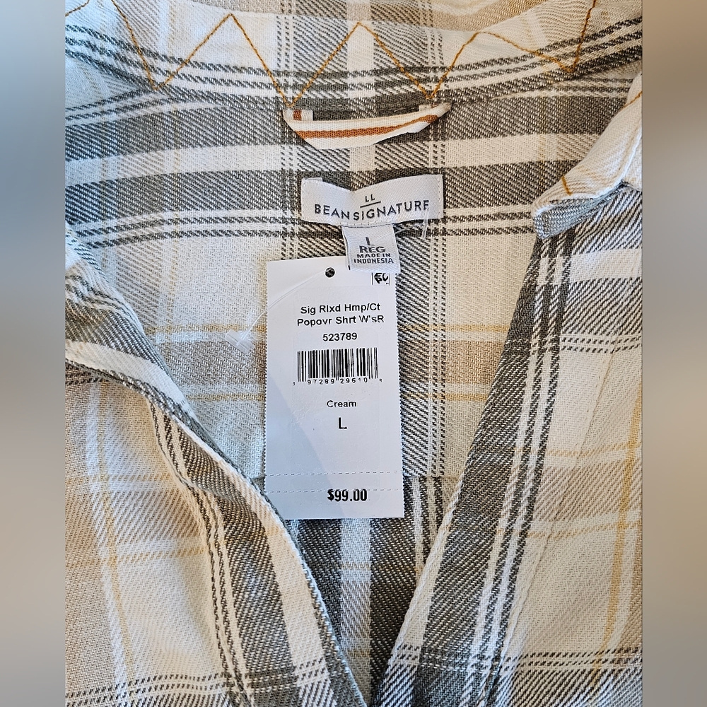 L.L. Bean Plaid Beige/Green Hemp/Cotton Loose Fit Pullover Women's Sz Large NWT - Picture 4 of 9
